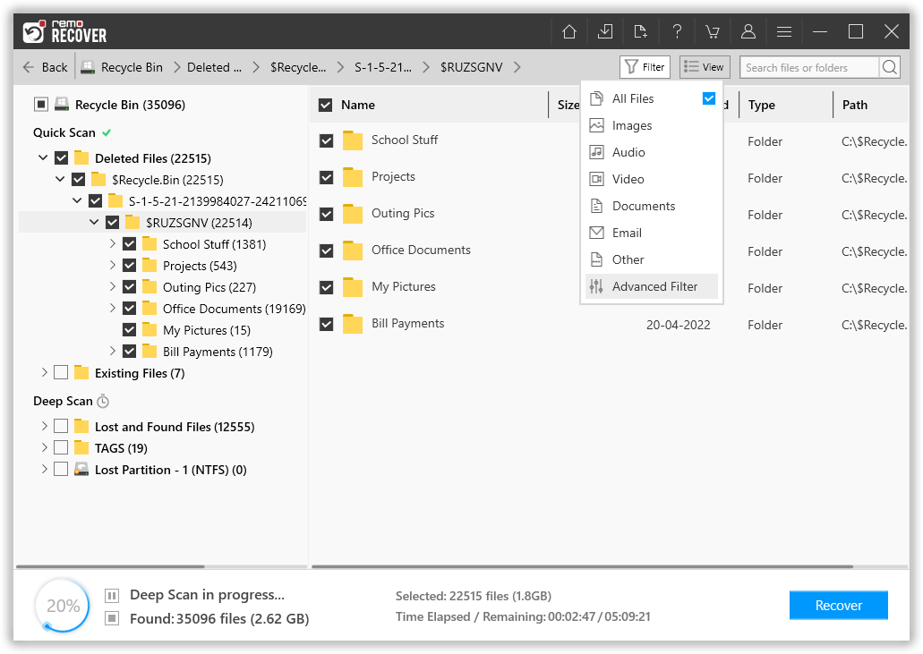 click on the advanced filter option to sort files recovered from the bin folder