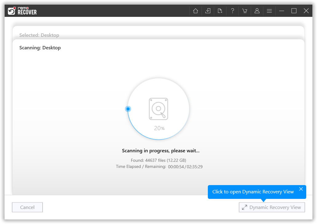 click on the dynamic recovery view option to preview the recovered files from the computer while the recovery is in process