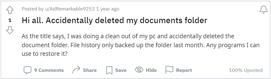 recupera la domanda dell'utente sulla cartella dei documenti eliminati su reddit