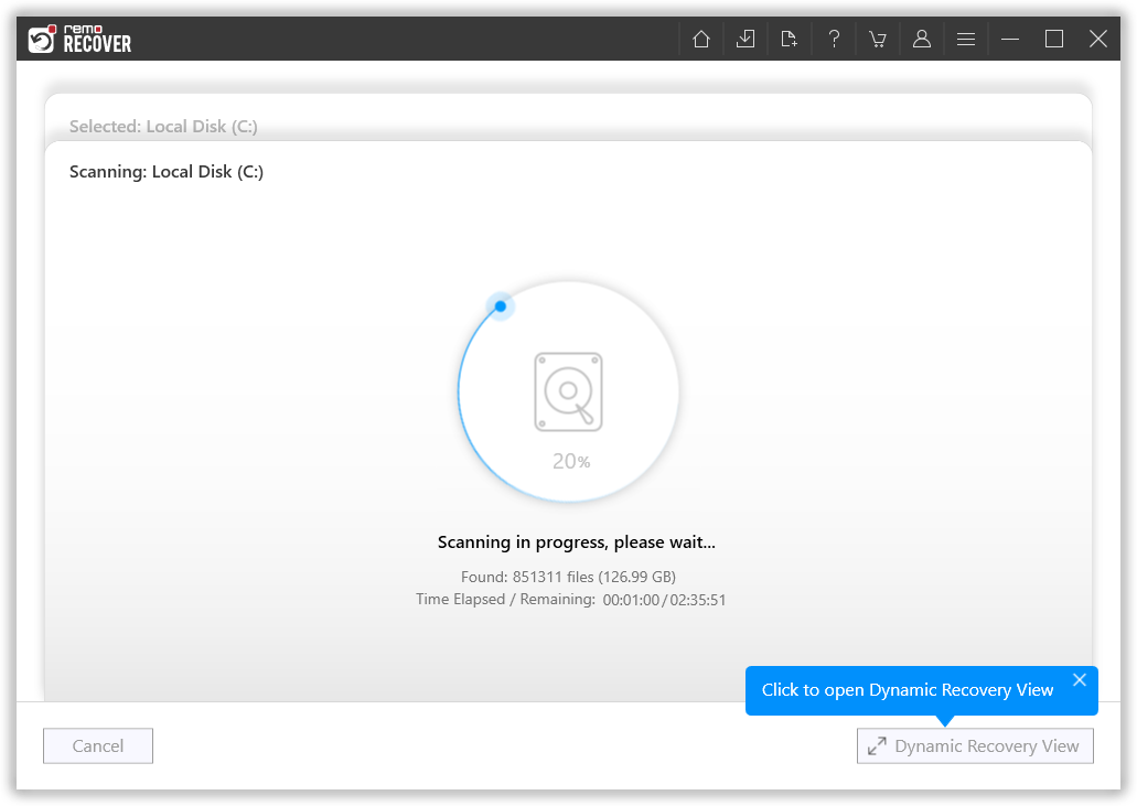 click on the dynamic recovery view option to view the recovered pst file