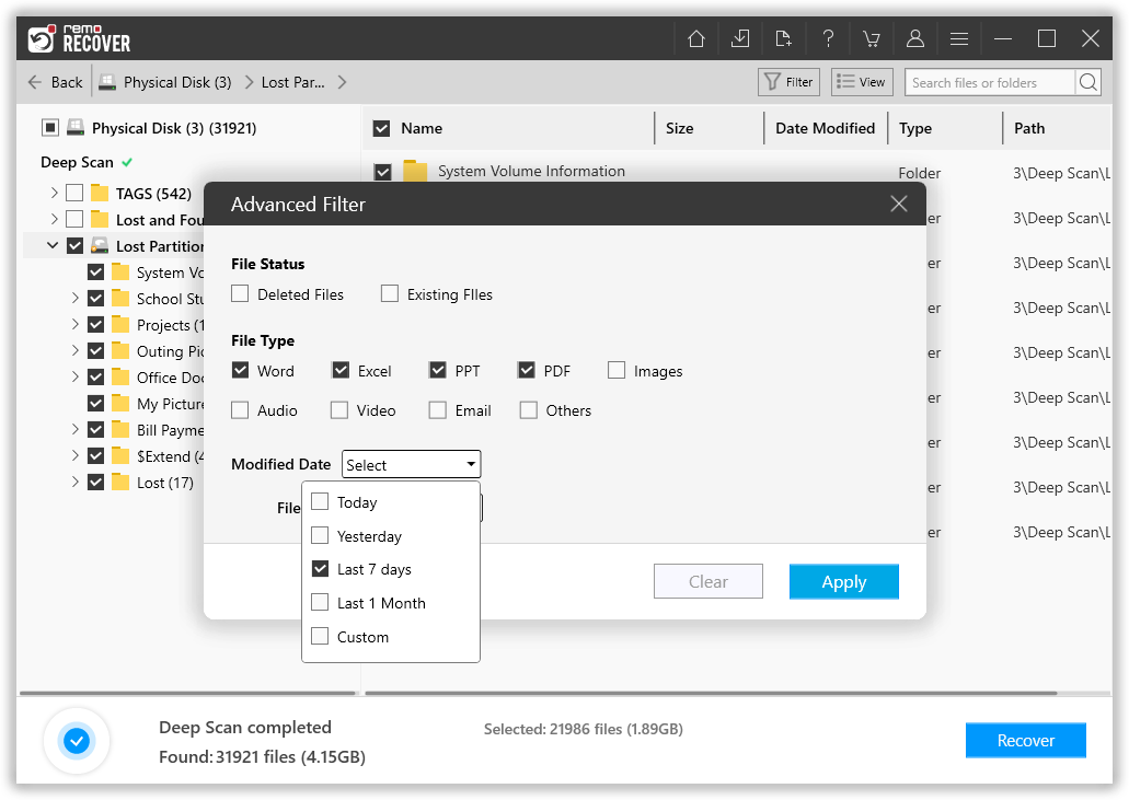 filter the files based on file types