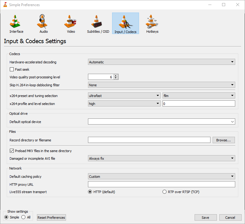 click on input codecs and select always fix option to repair corrupt video file