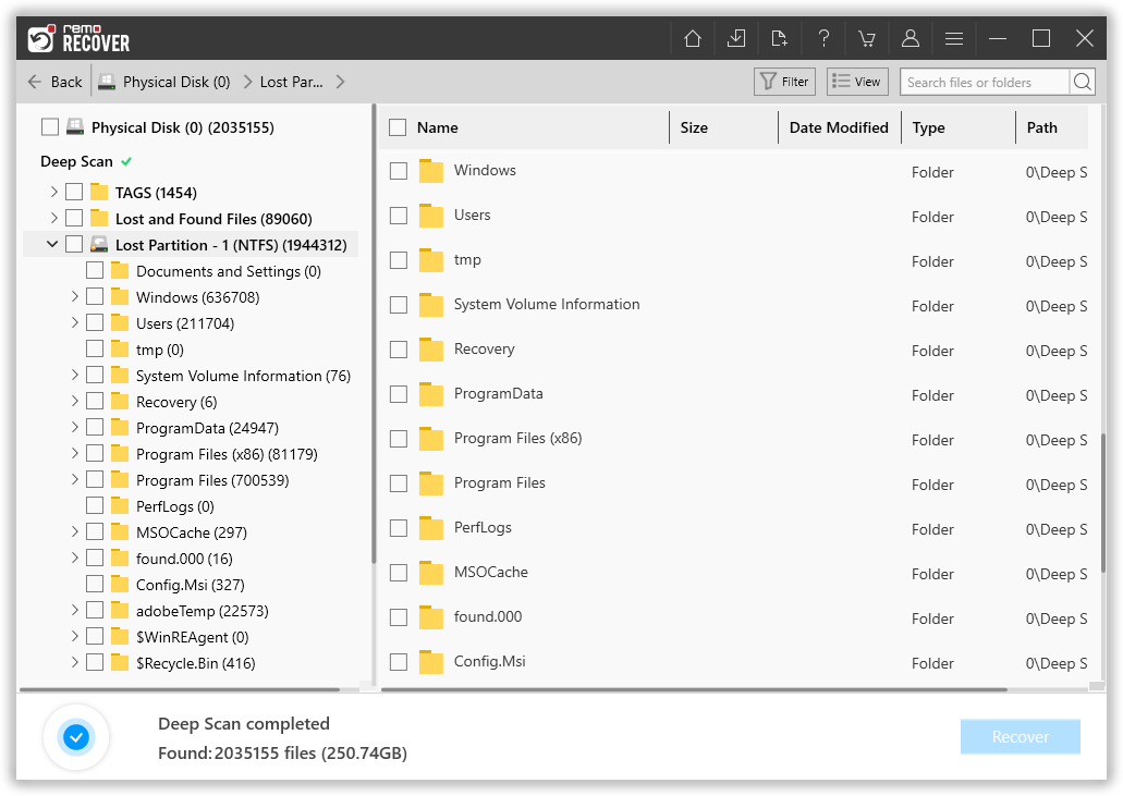 upon completion of the selected drive remo will display all the recovered data including the user folder