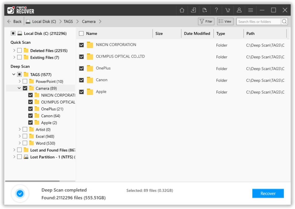 locate the LOST DIR files using Tags and Filter