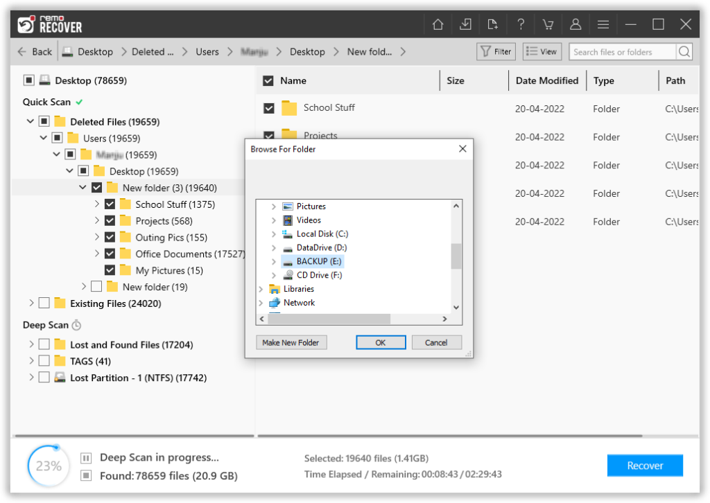save the recovered files in any location