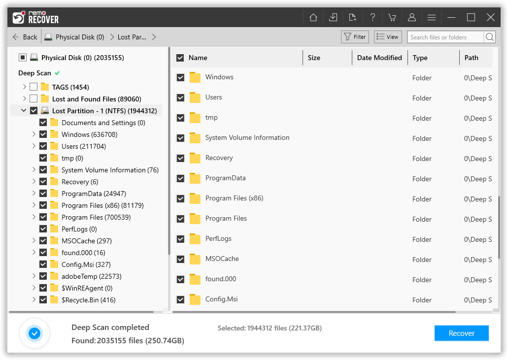 select the user folder and other files that you want to recover