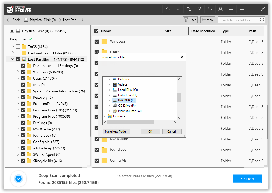 choose the location to save the recovered user folder