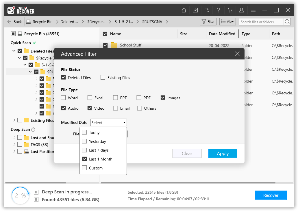 select the type of files that you want to recover from the recycle bin