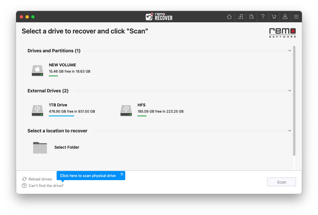 Select the volume from which to recover emptied Mac trash files
