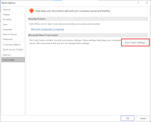 trust center settings