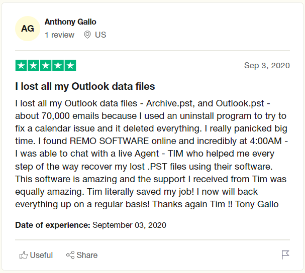 user review on trustpilot after recovering deleted pst files using remo file recovery tool