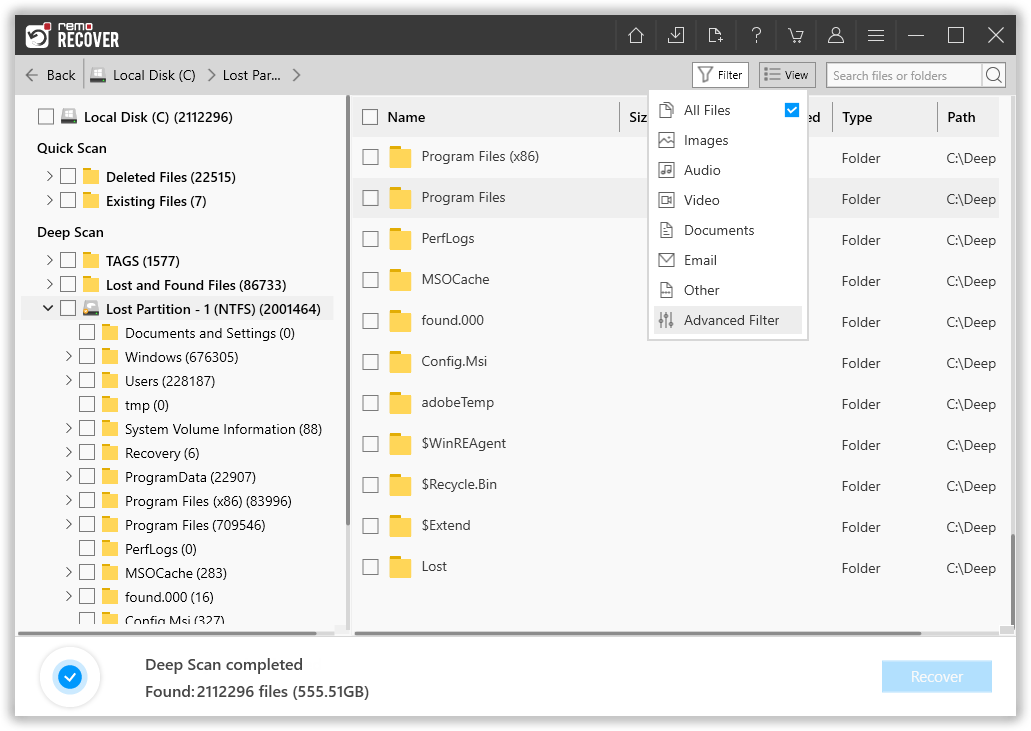 use the advanced filter option to find .pst file easily